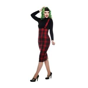 Collectif KAREN Check High Waist Suspender Jumper Pencil Skirt Rockabilly SMALL